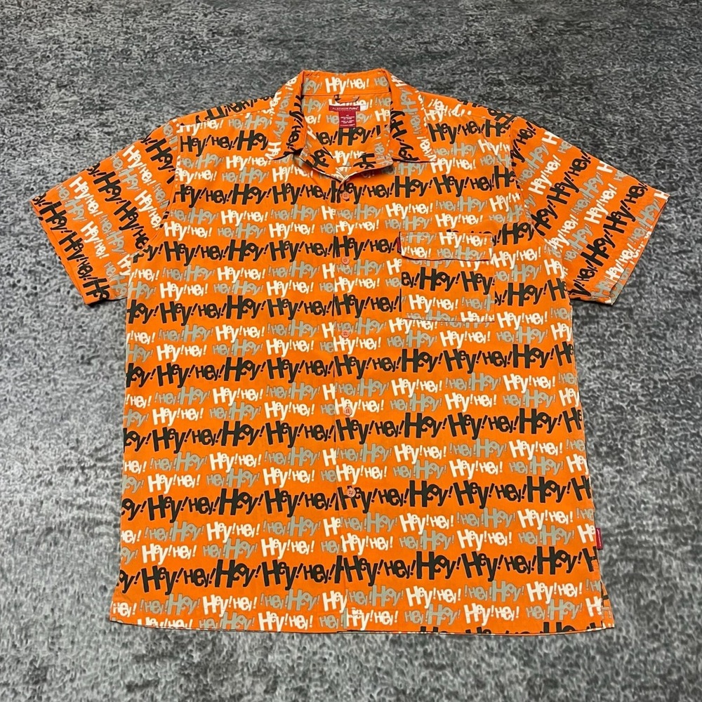 Vintage Platinum FUBU Fat Albert Shirt Button Up Mens XL Orange All Over 90s Y2K